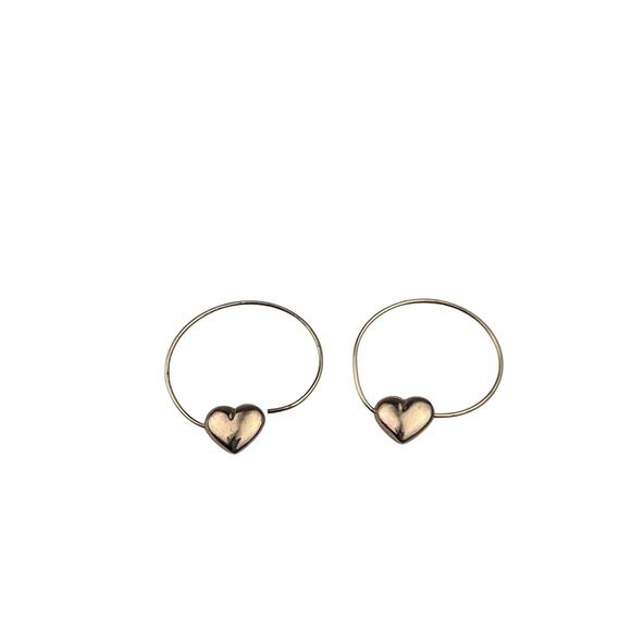 14L Yellow Gold Puffy Heart Hoop Pierced Earrings Lightweight .5g - Picture 1 of 11